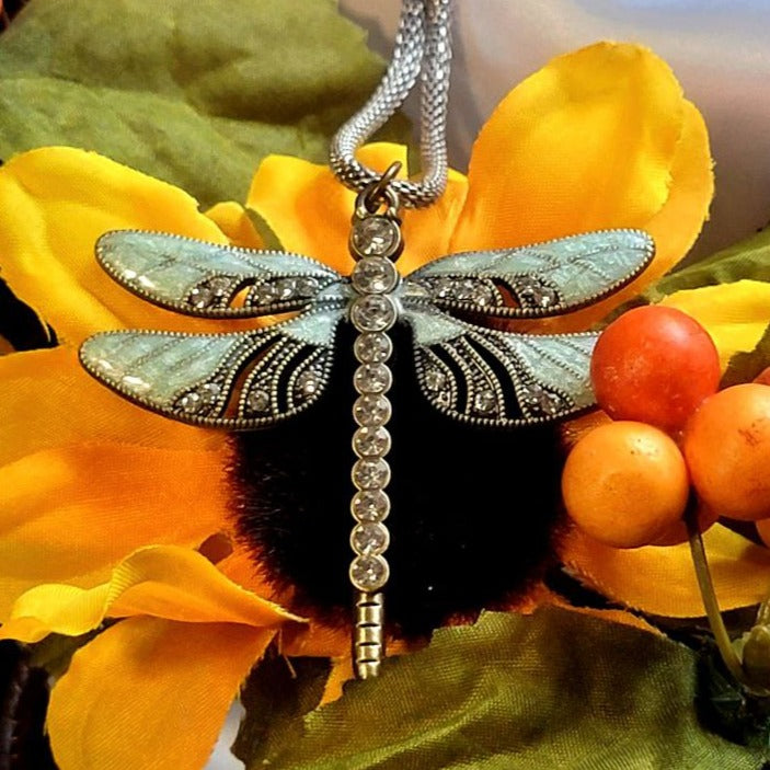 Rhinestone Dragonfly Necklace, Symbol for New Beginning & Change