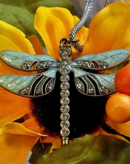 Rhinestone Dragonfly Necklace, Symbol for New Beginning & Change