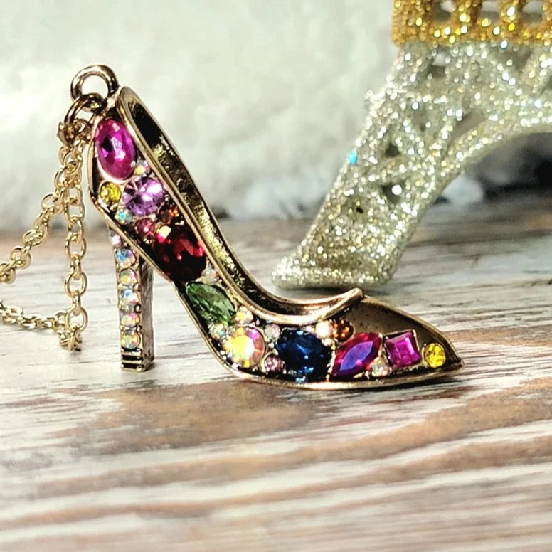 Rhinestone Stiletto Heels Necklace, Sparkling Shoe Pendant, High Fashion Jewelry