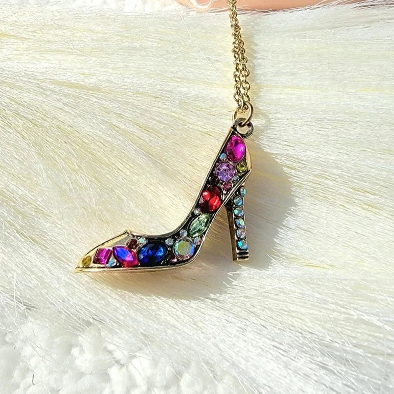 Rhinestone Stiletto Heels Necklace, Sparkling Shoe Pendant, High Fashion Jewelry