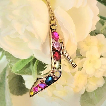 Rhinestone Stiletto Heels Necklace, Sparkling Shoe Pendant, High Fashion Jewelry