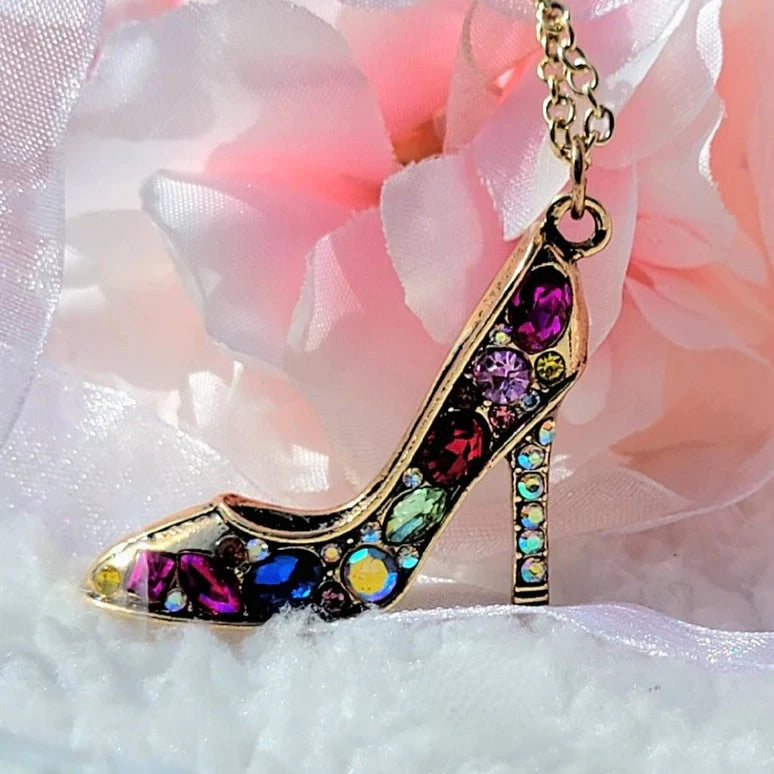 Rhinestone Stiletto Heels Necklace, Sparkling Shoe Pendant, High Fashion Jewelry