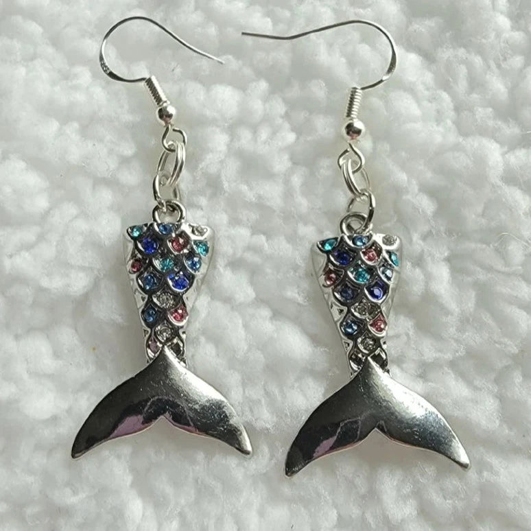 Silver Mermaid Tail Earrings with Colorful Rhinestones