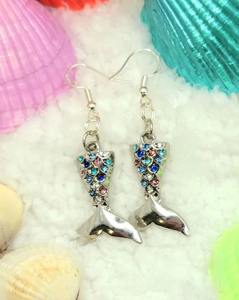 Silver Mermaid Tail Earrings with Colorful Rhinestones