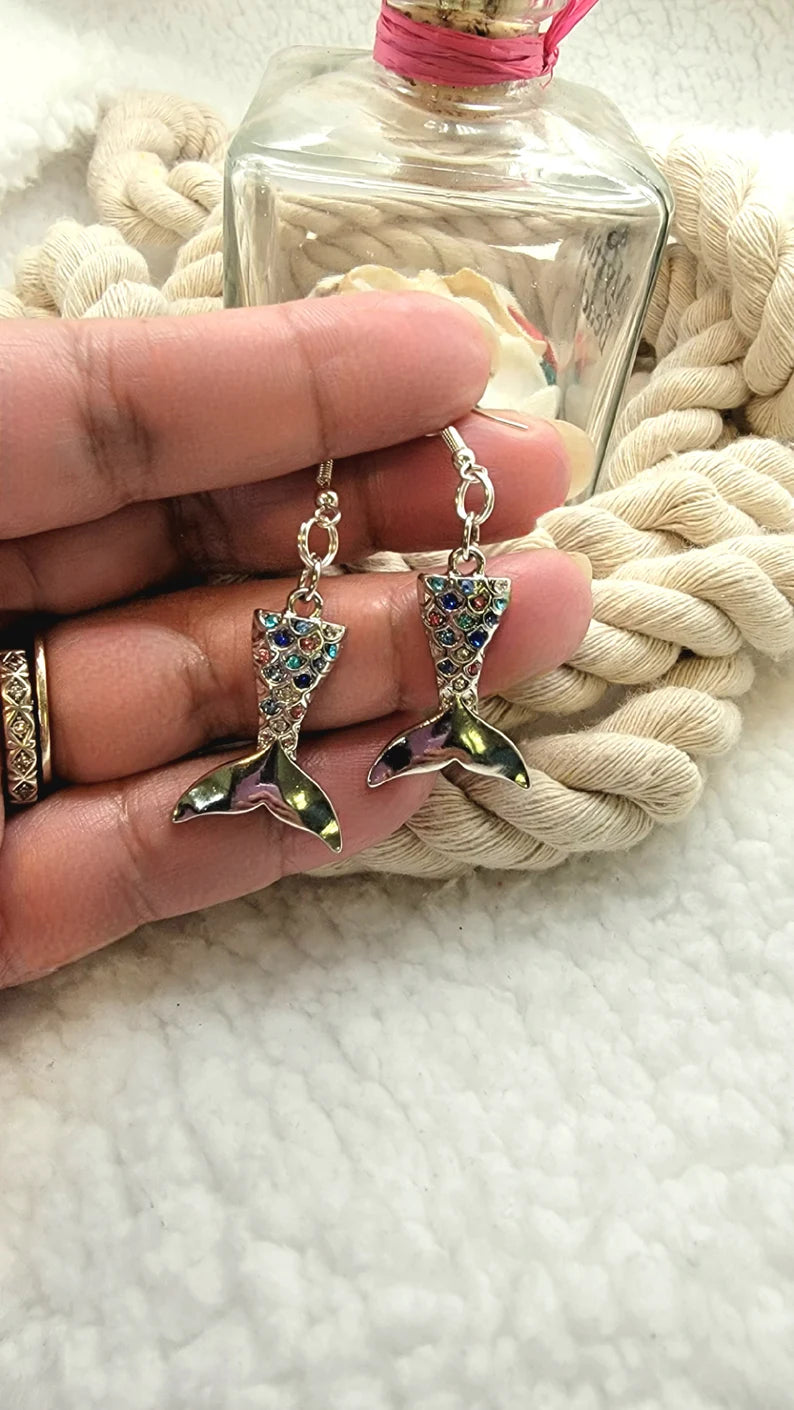 Silver Mermaid Tail Earrings with Colorful Rhinestones