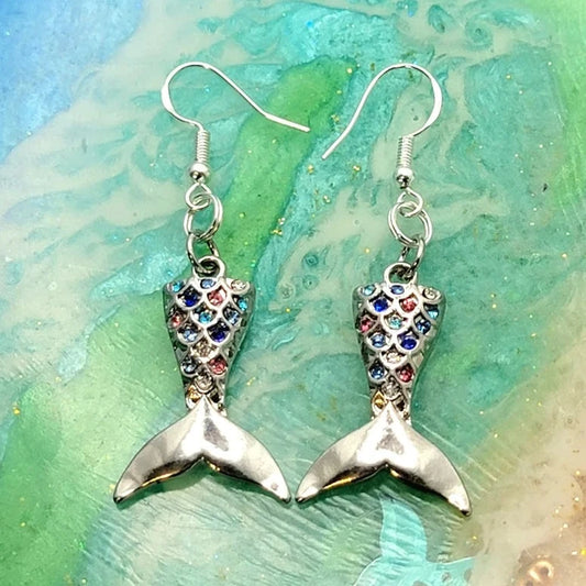 Silver Mermaid Tail Earrings with Colorful Rhinestones