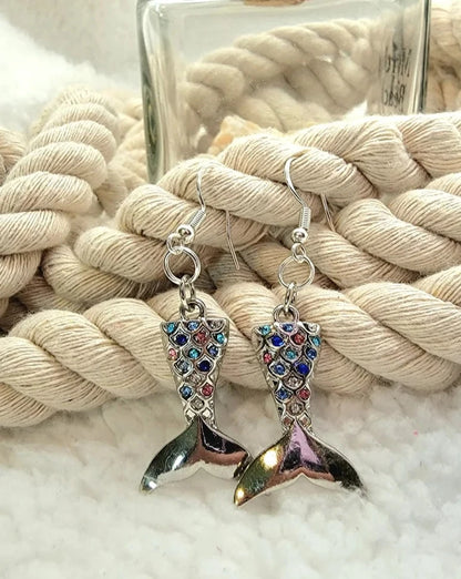 Silver Mermaid Tail Earrings with Colorful Rhinestones