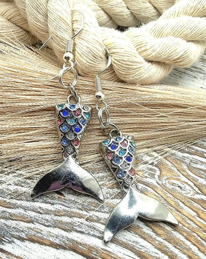 Silver Mermaid Tail Earrings with Colorful Rhinestones