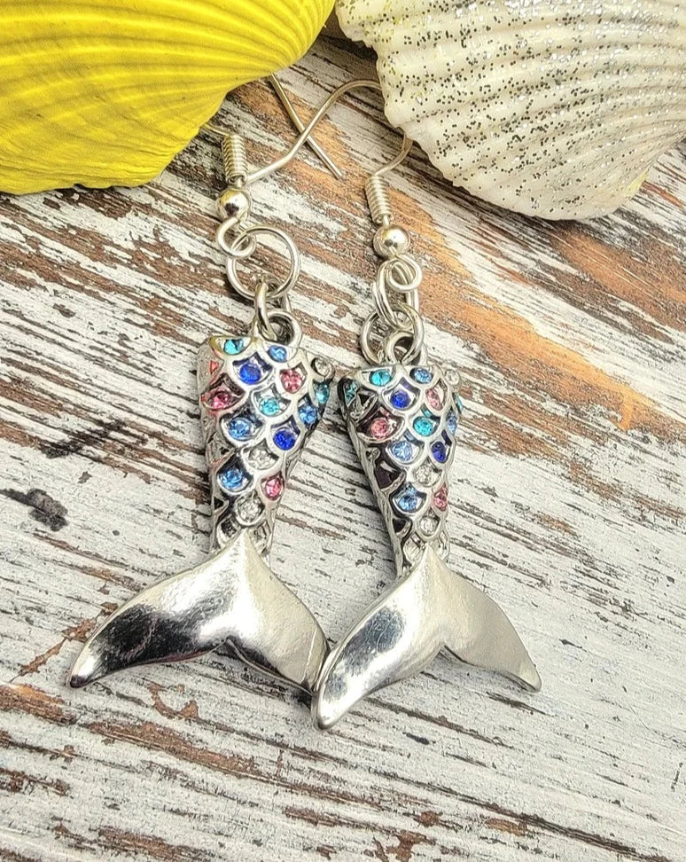 Silver Mermaid Tail Earrings with Colorful Rhinestones