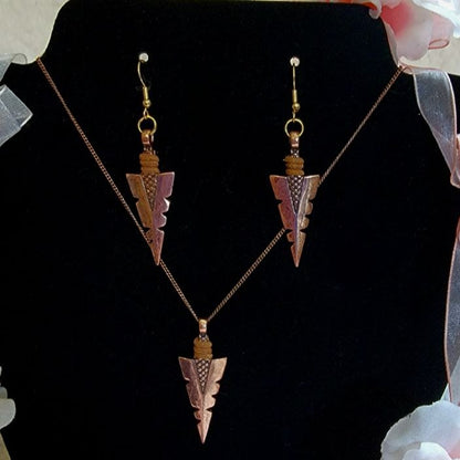 Rose Gold Arrowhead Flint Necklace & Earring Set, Native American Jewelry