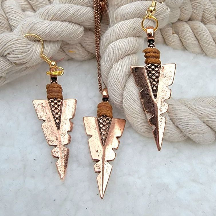 Rose Gold Arrowhead Flint Necklace & Earring Set, Native American Jewelry