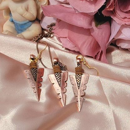 Rose Gold Arrowhead Flint Necklace & Earring Set, Native American Jewelry