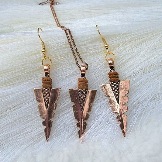 Rose Gold Arrowhead Flint Necklace & Earring Set, Native American Jewelry