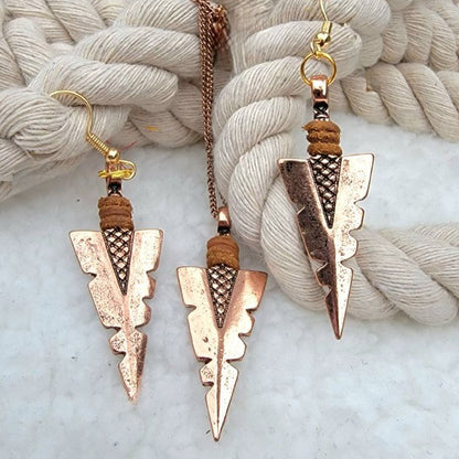 Rose Gold Arrowhead Flint Necklace & Earring Set, Native American Jewelry