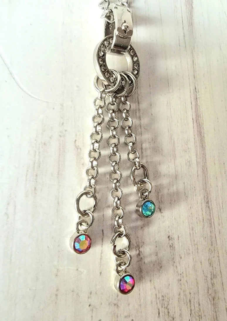 Elegant Dangling Silver Necklace, Multi-Color Rhinestone Cascading Pendant