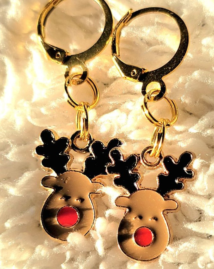 Festive Rudolph Charm Earring, Red-Nosed Reindeer Jewelry, Lightweight Holiday Dangles