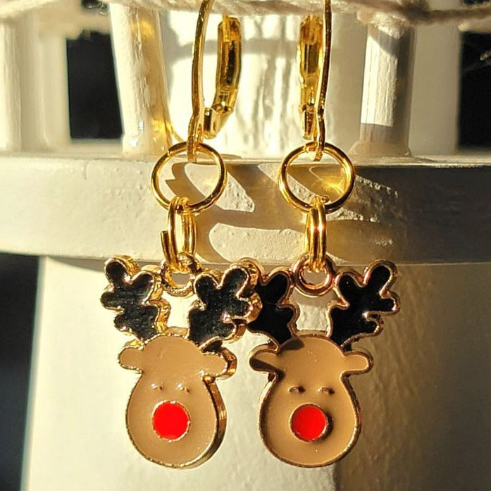 Festive Rudolph Charm Earring, Red-Nosed Reindeer Jewelry, Lightweight Holiday Dangles