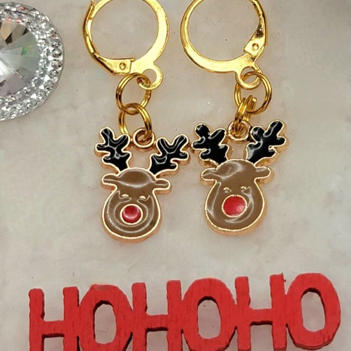 Festive Rudolph Charm Earring, Red-Nosed Reindeer Jewelry, Lightweight Holiday Dangles