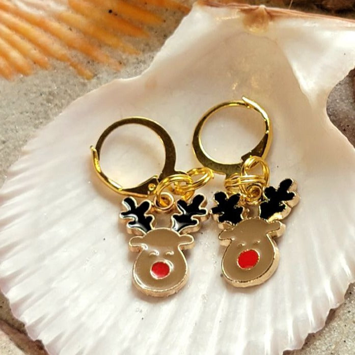 Festive Rudolph Charm Earring, Red-Nosed Reindeer Jewelry, Lightweight Holiday Dangles