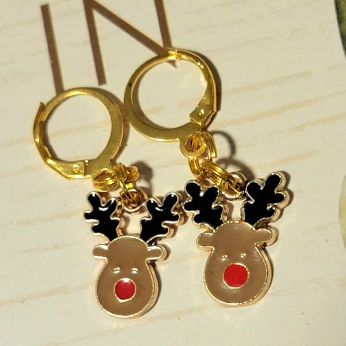 Festive Rudolph Charm Earring, Red-Nosed Reindeer Jewelry, Lightweight Holiday Dangles