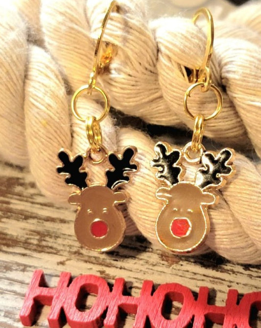 Festive Rudolph Charm Earring, Red-Nosed Reindeer Jewelry, Lightweight Holiday Dangles