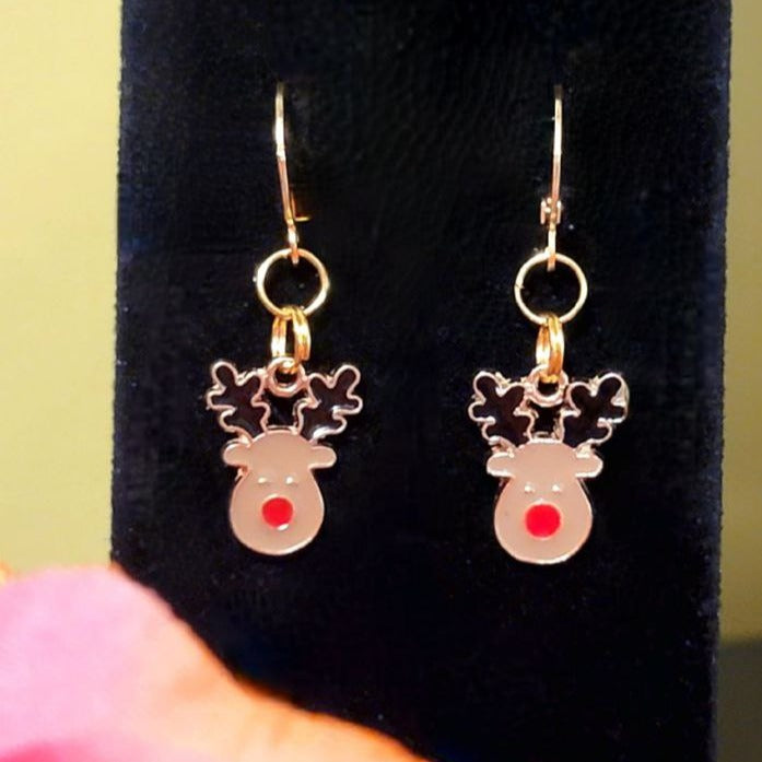 Festive Rudolph Charm Earring, Red-Nosed Reindeer Jewelry, Lightweight Holiday Dangles