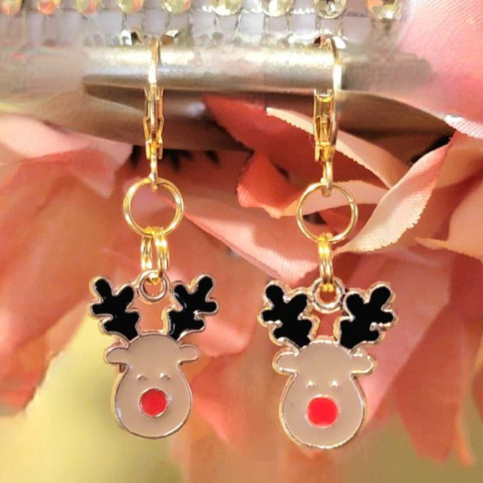 Festive Rudolph Charm Earring, Red-Nosed Reindeer Jewelry, Lightweight Holiday Dangles