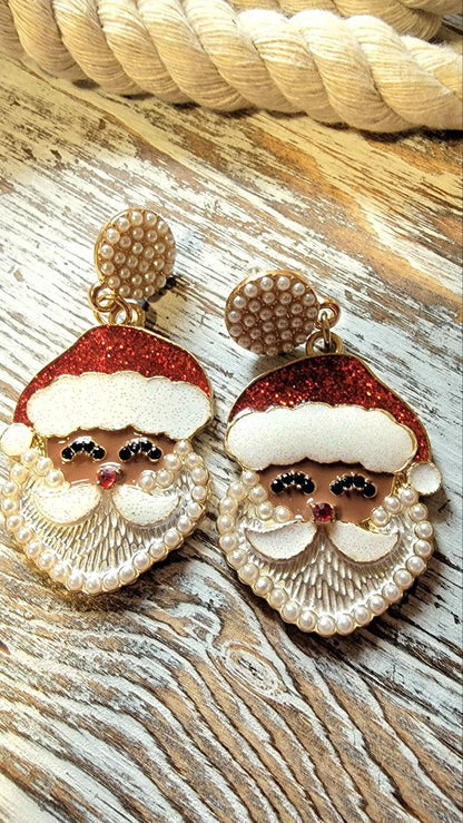 Diseño clásico de Papá Noel con detalles de perlas, joyería navideña festiva con esmalte dorado, aretes navideños caprichosos, colgantes para realzar el atuendo de fiesta