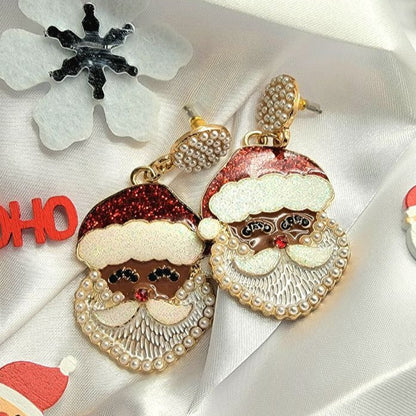 Diseño clásico de Papá Noel con detalles de perlas, joyería navideña festiva con esmalte dorado, aretes navideños caprichosos, colgantes para realzar el atuendo de fiesta