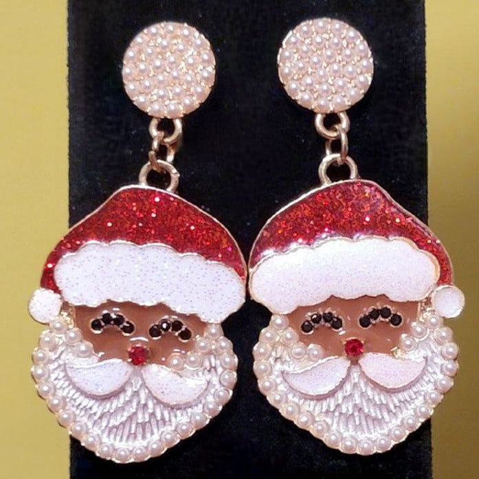 Classic Santa Design with Faux Pearl Earring, Festive Christmas Jewelry