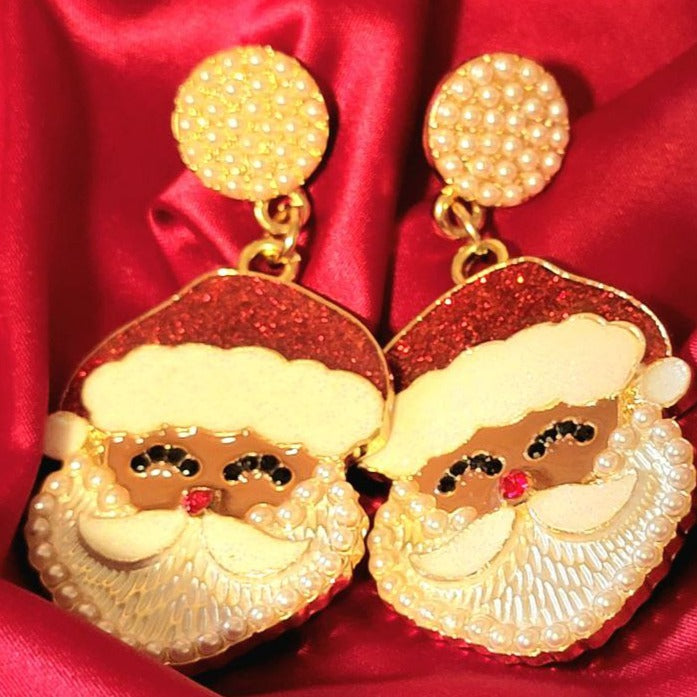 Classic Santa Design with Faux Pearl Earring, Festive Christmas Jewelry