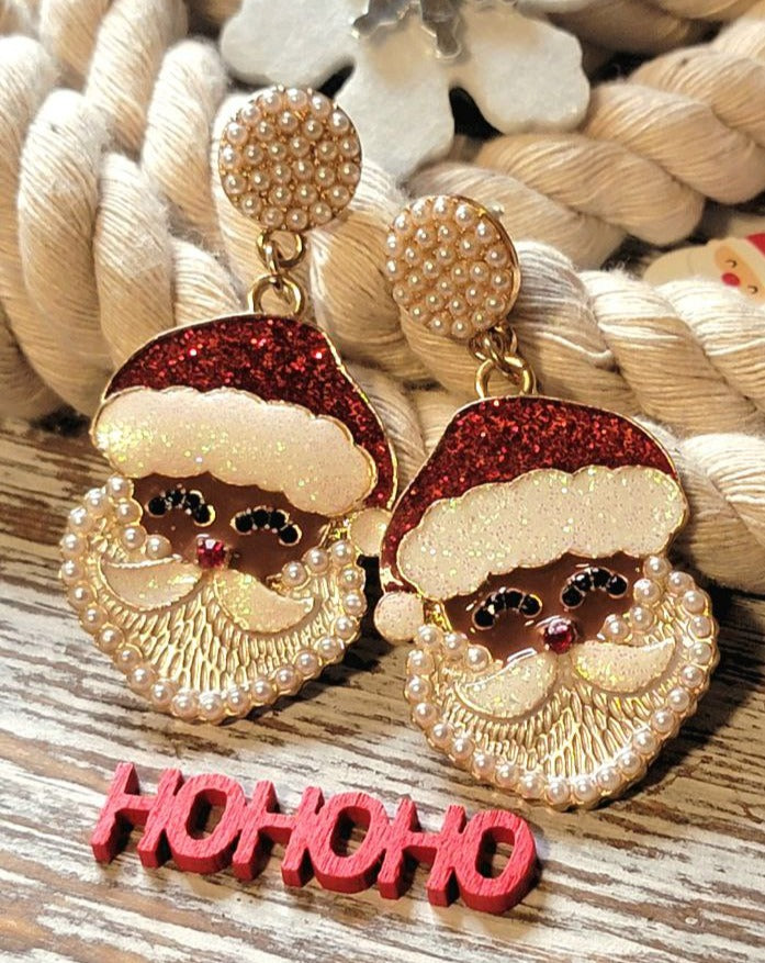 Diseño clásico de Papá Noel con detalles de perlas, joyería navideña festiva con esmalte dorado, aretes navideños caprichosos, colgantes para realzar el atuendo de fiesta