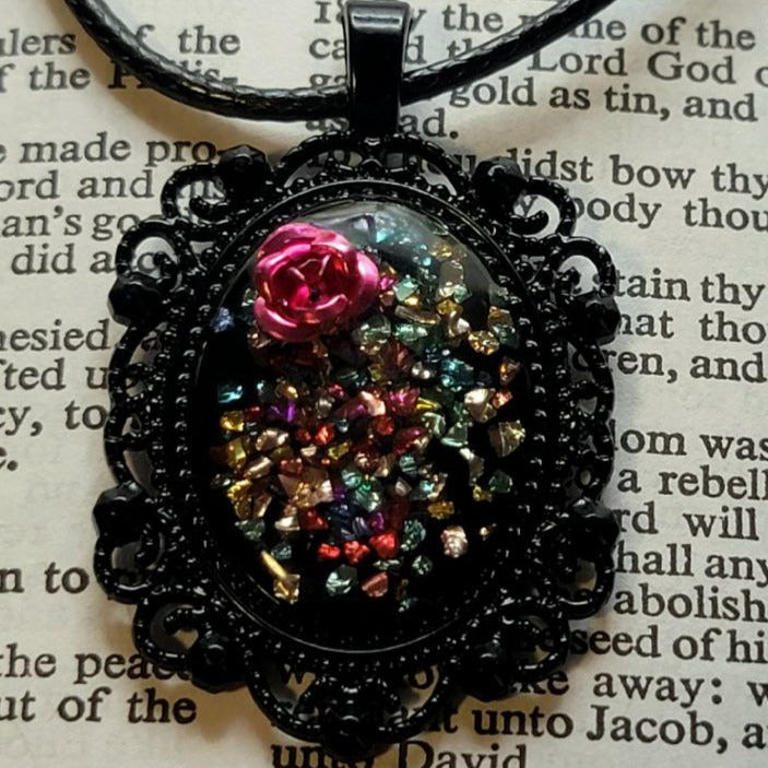 Shattered Glass Necklace, Pink Metallic Rose Pendant, Unique Wearable Resin Art, Vintage Theme Design Jewelry