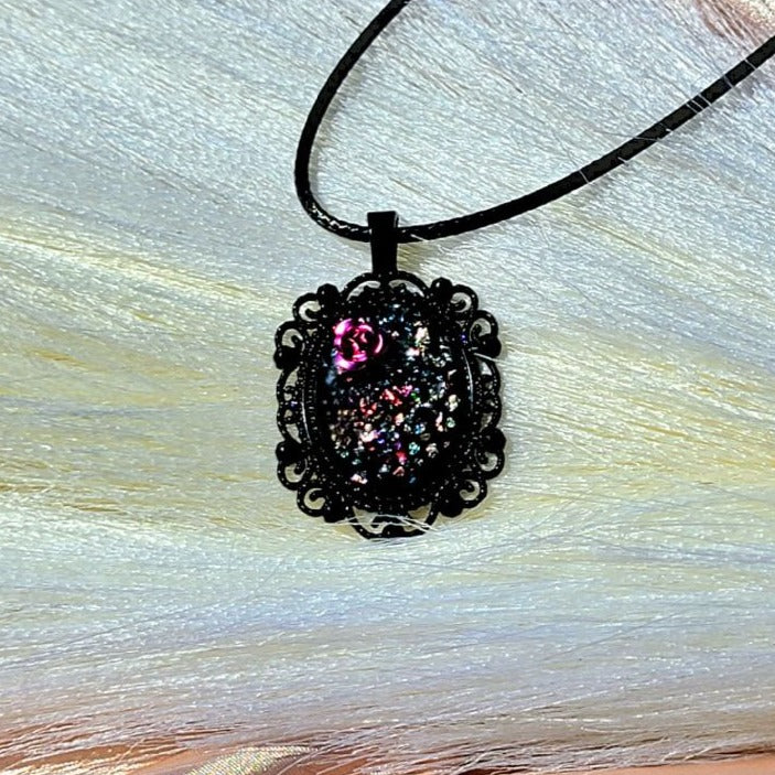 Shattered Glass Necklace, Pink Metallic Rose Pendant, Unique Wearable Resin Art, Vintage Theme Design Jewelry