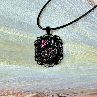 Shattered Glass Necklace, Pink Metallic Rose Pendant, Unique Wearable Resin Art, Vintage Theme Design Jewelry