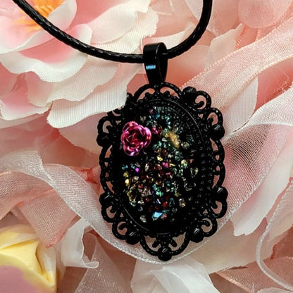 Shattered Glass Necklace, Pink Metallic Rose Pendant, Unique Wearable Resin Art, Vintage Theme Design Jewelry