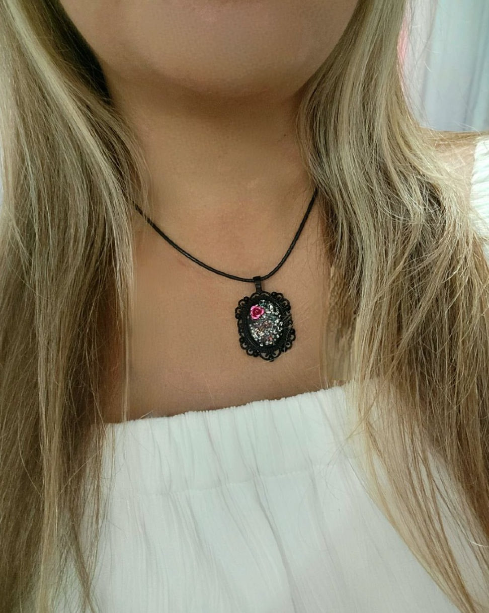 Shattered Glass Necklace, Pink Metallic Rose Pendant, Unique Wearable Resin Art, Vintage Theme Design Jewelry