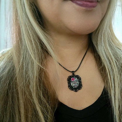 Shattered Glass Necklace, Pink Metallic Rose Pendant, Unique Wearable Resin Art, Vintage Theme Design Jewelry