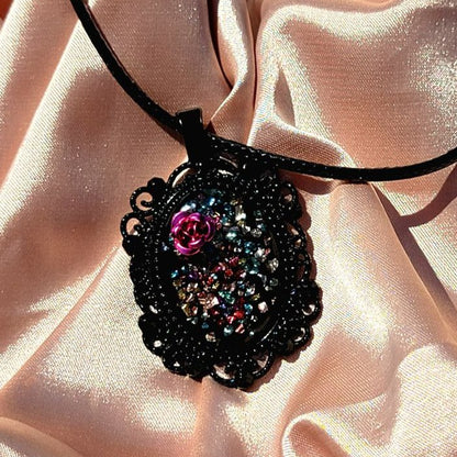 Shattered Glass Necklace, Pink Metallic Rose Pendant, Unique Wearable Resin Art, Vintage Theme Design Jewelry