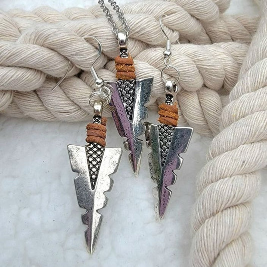 Silver Arrowhead Flint Necklace & Earring Set, Native American Jewelry