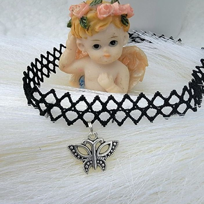 Silver Butterfly Choker, Small Pendant Necklace, Roaring 20's Design Pendant, Gatsby Style Jewelry