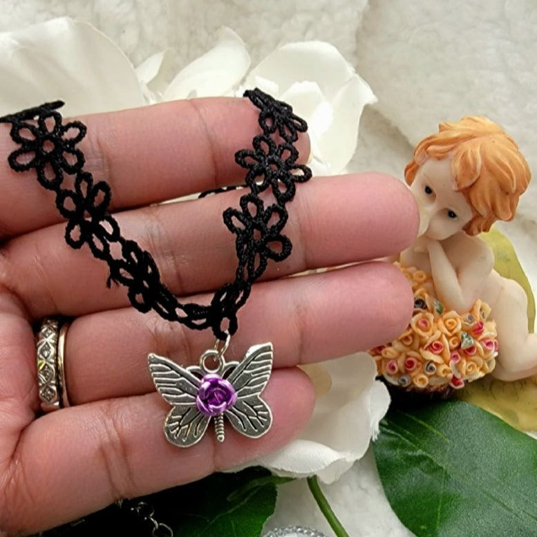 Silver Butterfly Choker, Purple Flower Collar, Elegant Lace Necklace