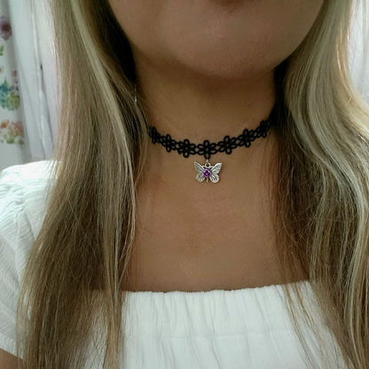 Silver Butterfly Choker, Purple Flower Collar, Elegant Lace Necklace