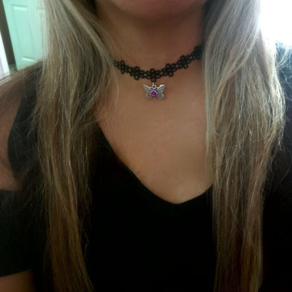 Silver Butterfly Choker, Purple Flower Collar, Elegant Lace Necklace