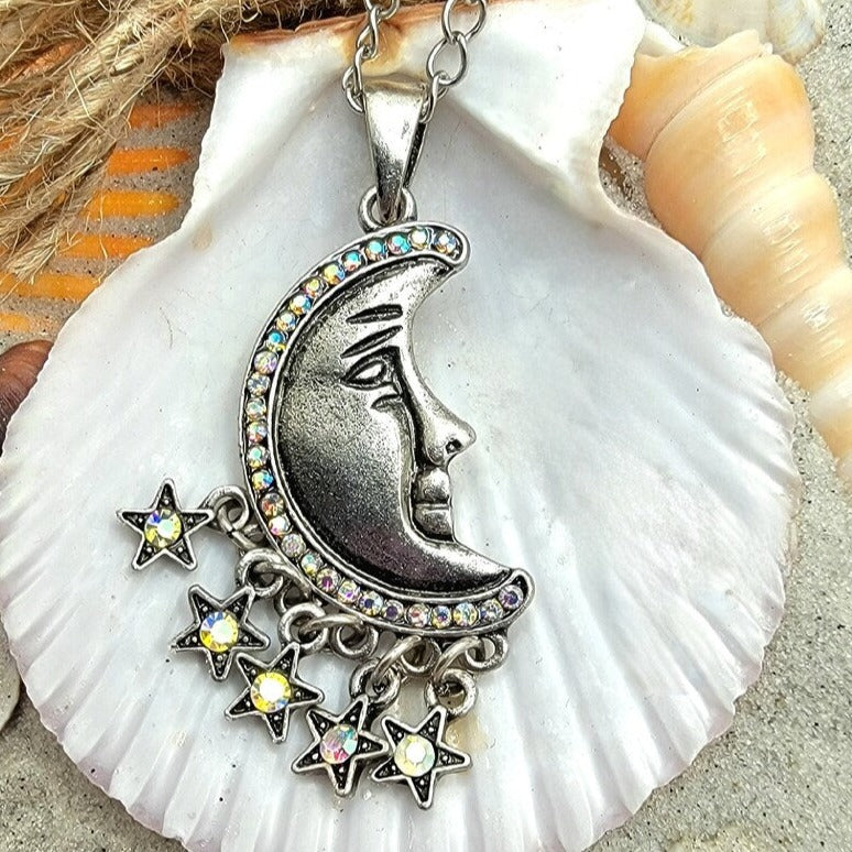 Boho Chic Silver Crescent Moon Necklace, Moon Phase Pendant, Radiant Half Moon and Stars Jewelry