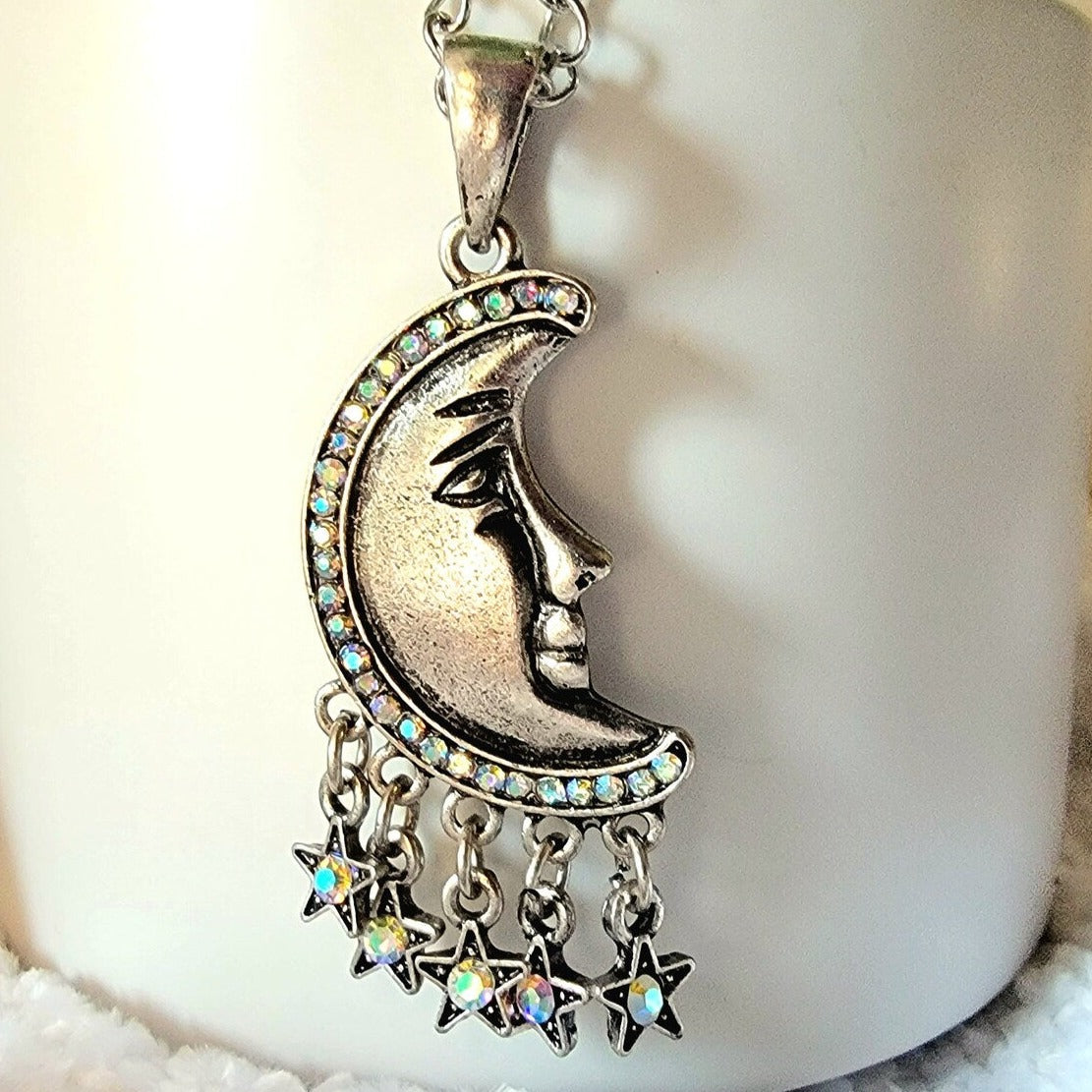 Boho Chic Silver Crescent Moon Necklace, Moon Phase Pendant, Radiant Half Moon and Stars Jewelry