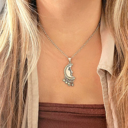 Boho Chic Silver Crescent Moon Necklace, Moon Phase Pendant, Radiant Half Moon and Stars Jewelry