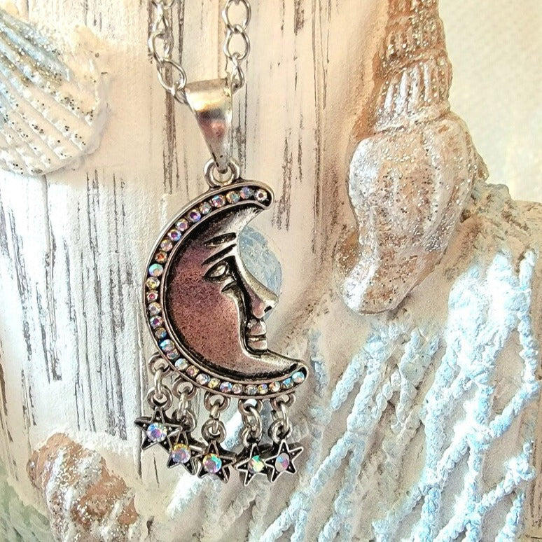 Boho Chic Silver Crescent Moon Necklace, Moon Phase Pendant, Radiant Half Moon and Stars Jewelry