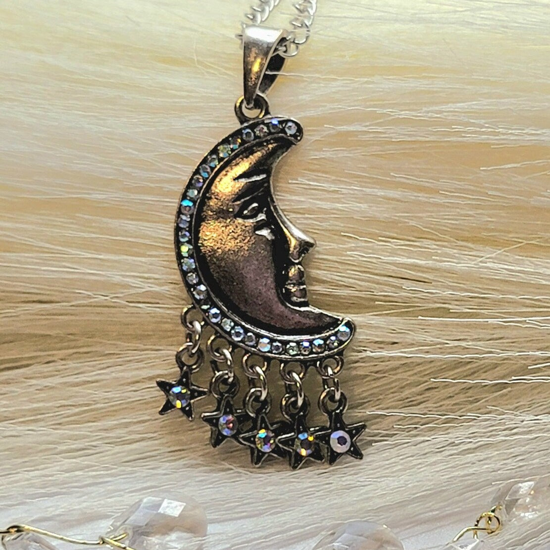 Boho Chic Silver Crescent Moon Necklace, Moon Phase Pendant, Radiant Half Moon and Stars Jewelry