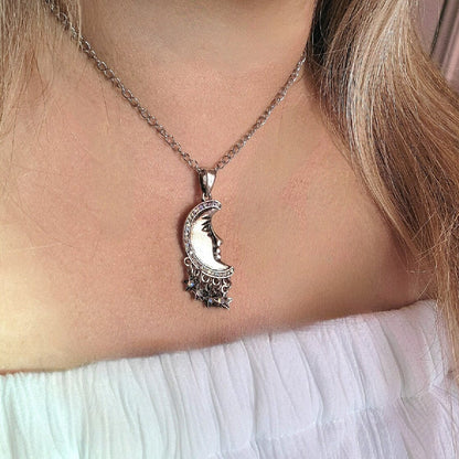 Boho Chic Silver Crescent Moon Necklace, Moon Phase Pendant, Radiant Half Moon and Stars Jewelry